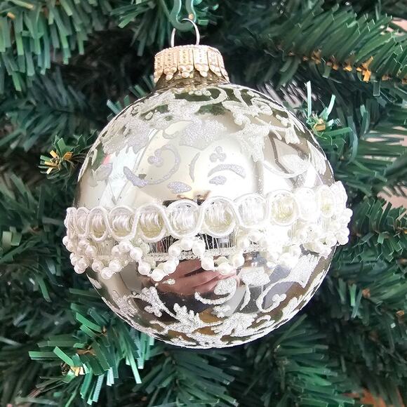Vintage AmeriChristmas Glass Ball Christmas Ornament Silver Cream Beaded pearls - Picture 1 of 4